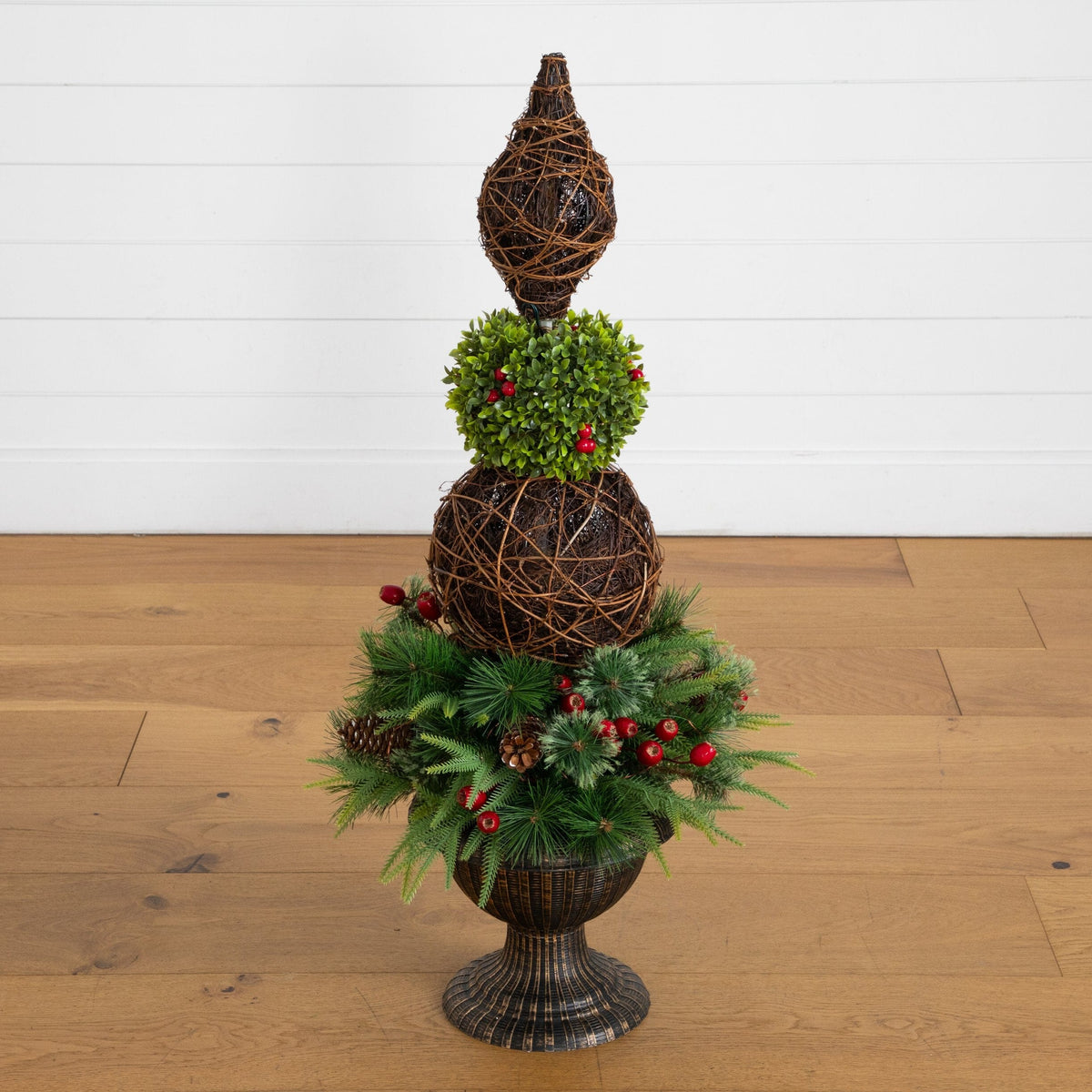 3’ Pre-Lit Artificial Finial Boxwood Ornament Mixed Pine Topiary Christmas Tree with 70 LED Lights in Decorative Urn