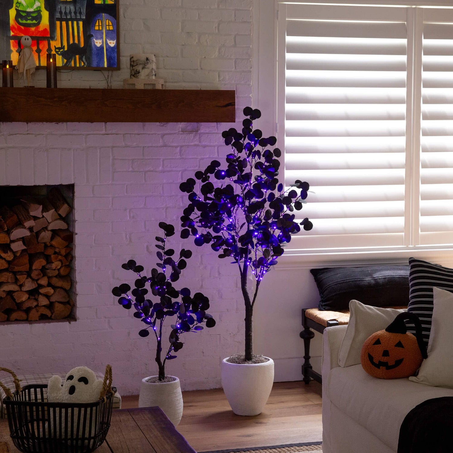 3' Pre-Lit Artificial Halloween Black Eucalyptus Tree with 80 Orange & Purple LED Lights
