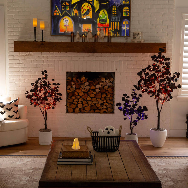 3' Pre-Lit Artificial Halloween Black Eucalyptus Tree with 80 Orange & Purple LED Lights