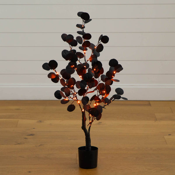 3' Pre-Lit Artificial Halloween Black Eucalyptus Tree with 80 Orange & Purple LED Lights