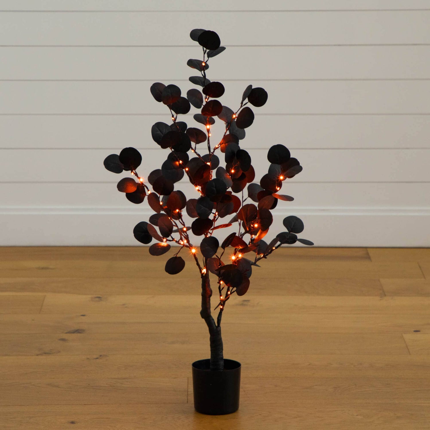 3' Pre-Lit Artificial Halloween Black Eucalyptus Tree with 80 Orange & Purple LED Lights