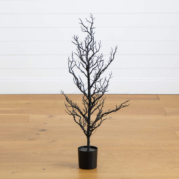 3' Pre-Lit Artificial Halloween Black Spooky Twig Tree with 100 Orange & Purple Copper Wire String LED Lights
