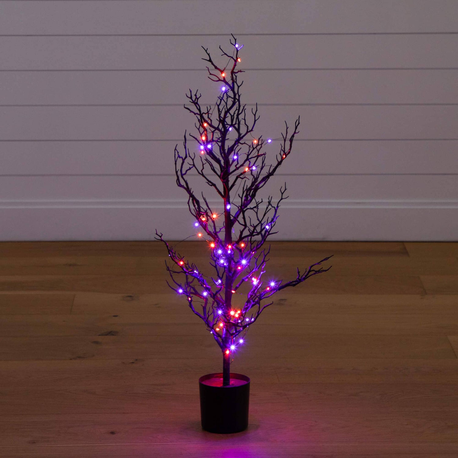 3' Pre-Lit Artificial Halloween Black Spooky Twig Tree with 100 Orange & Purple Copper Wire String LED Lights