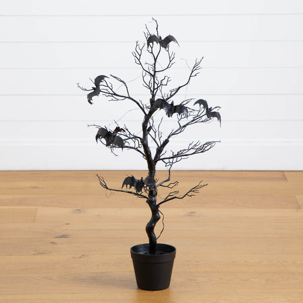 3' Pre-Lit Artificial Halloween Black Spooky Twig Tree with Bats and 100 Orange & Purple LED Lights