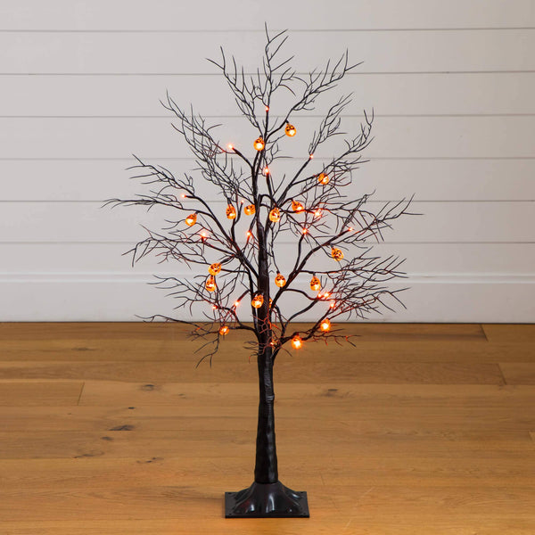 3' Pre-Lit Artificial Halloween Black Twig Tree with 18 Orange LED Pumpkin Shaped Lights