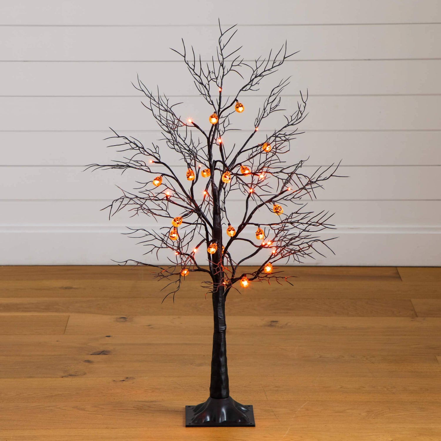 3' Pre-Lit Artificial Halloween Black Twig Tree with 18 Orange LED Pumpkin Shaped Lights