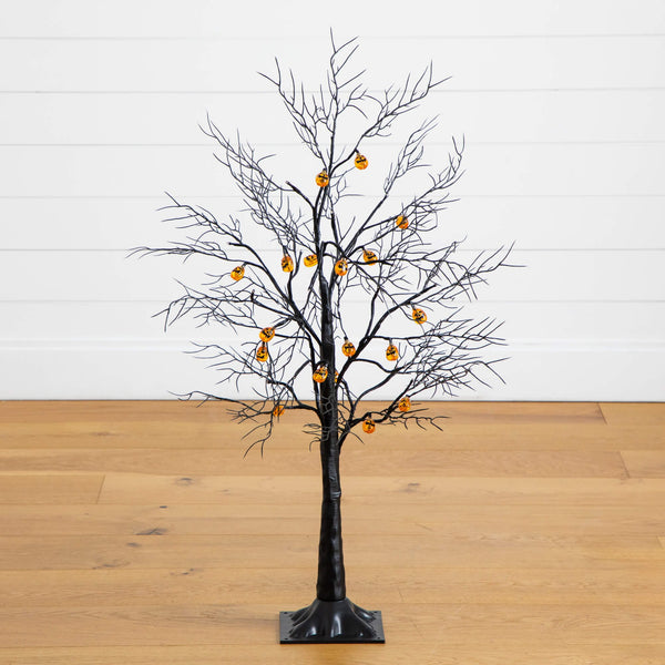 3' Pre-Lit Artificial Halloween Black Twig Tree with 18 Orange LED Pumpkin Shaped Lights