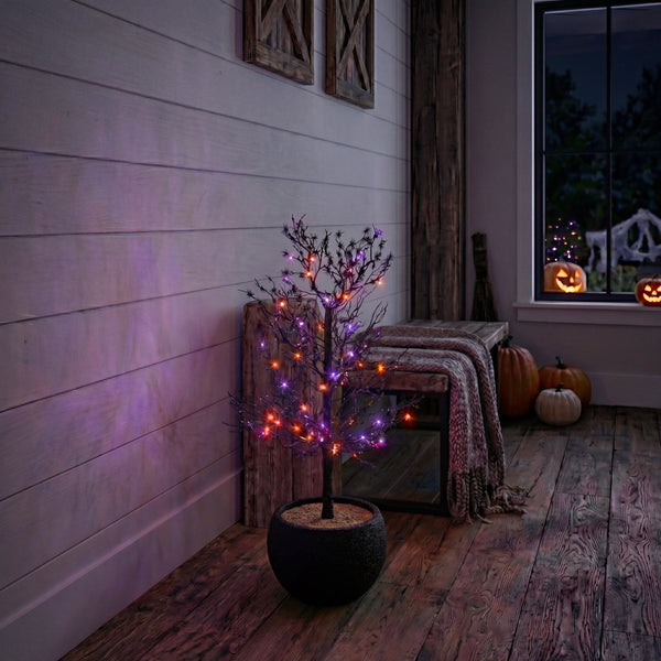 3’ Pre-Lit Artificial Halloween Spider Twig Tree with 80 Orange & Purple LED Lights