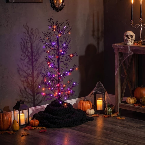 3’ Pre-Lit Artificial Halloween Spider Twig Tree with 80 Orange & Purple LED Lights