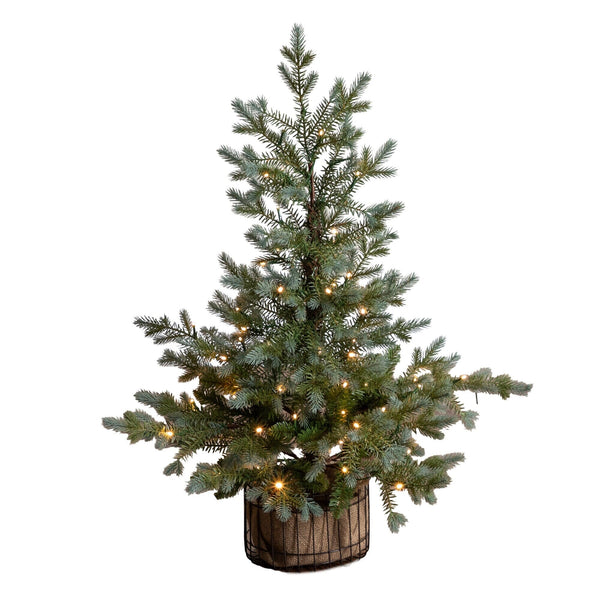 3' Pre-Lit Artificial Pine Christmas Tree with 60 LED Lights in Jute Wire Planter