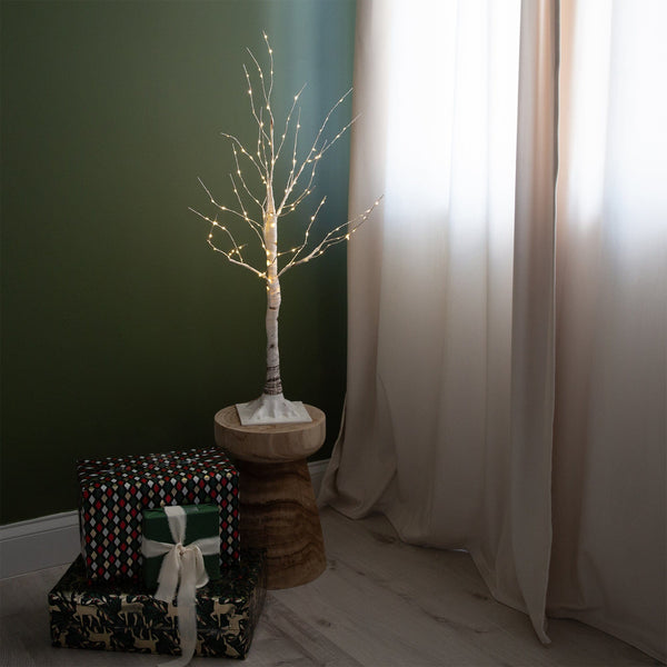 3’ Pre-Lit Artificial White Birch Tree with 120 Warm White LED Lights