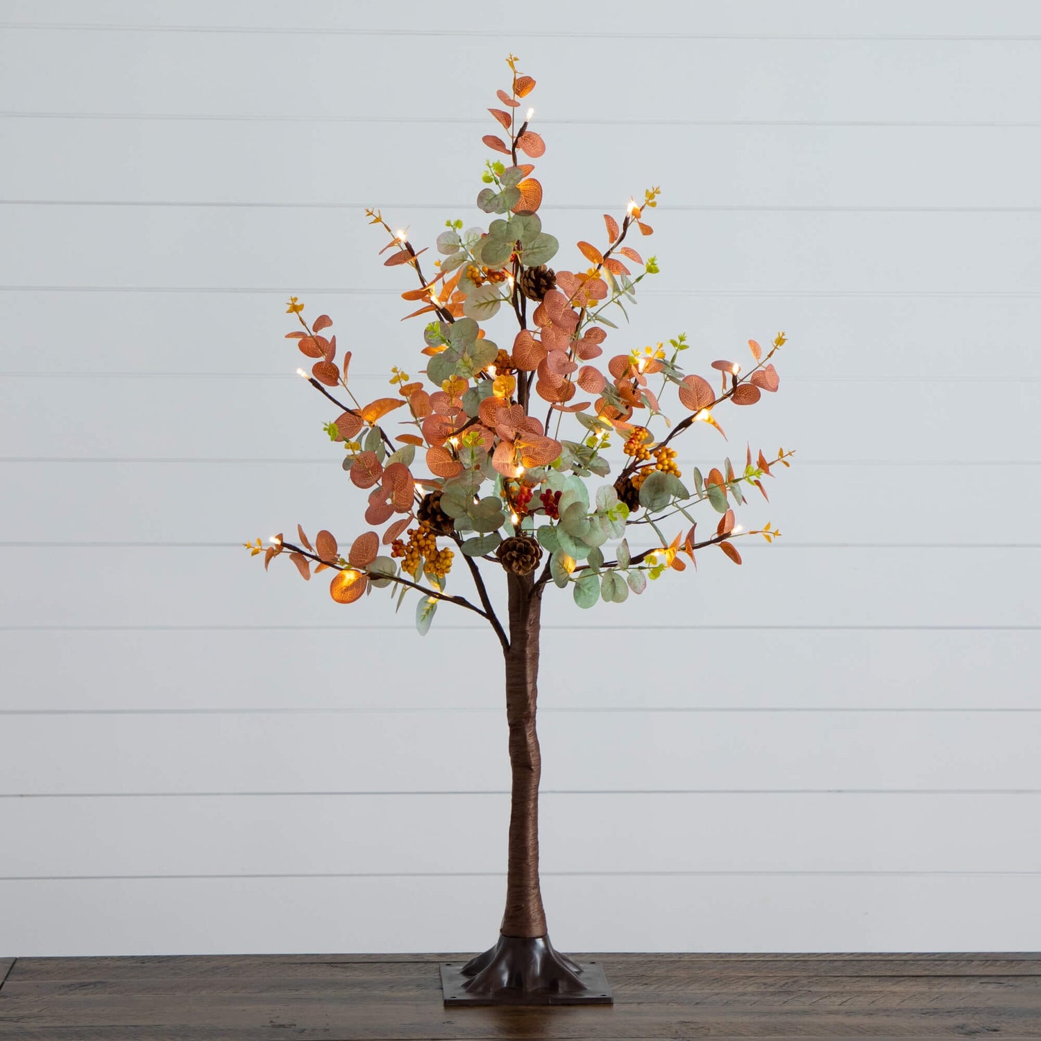 3' Pre-Lit Autumn Eucalyptus Artificial Fall Tree with Pinecones, Berries and 36 Warm White LED Lights