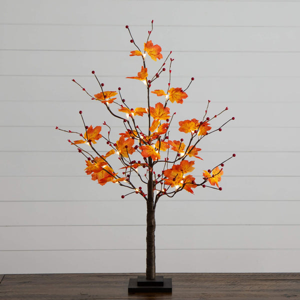 3' Pre-Lit Autumn Maple Artificial Fall Tree with Berries and 36 Warm White LED Lights