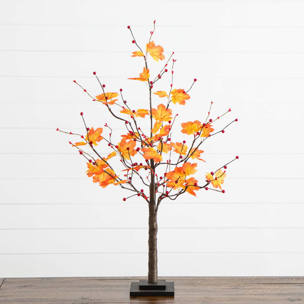 3' Pre-Lit Autumn Maple Artificial Fall Tree with Berries and 36 Warm White LED Lights