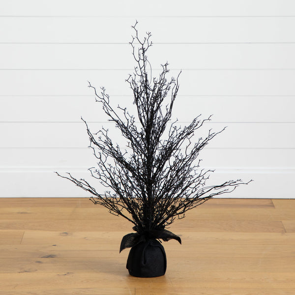 3’ Pre-Lit Halloween Black Twig Artificial Fall Tree in Burlap Planter with 42 Warm White LED Lights