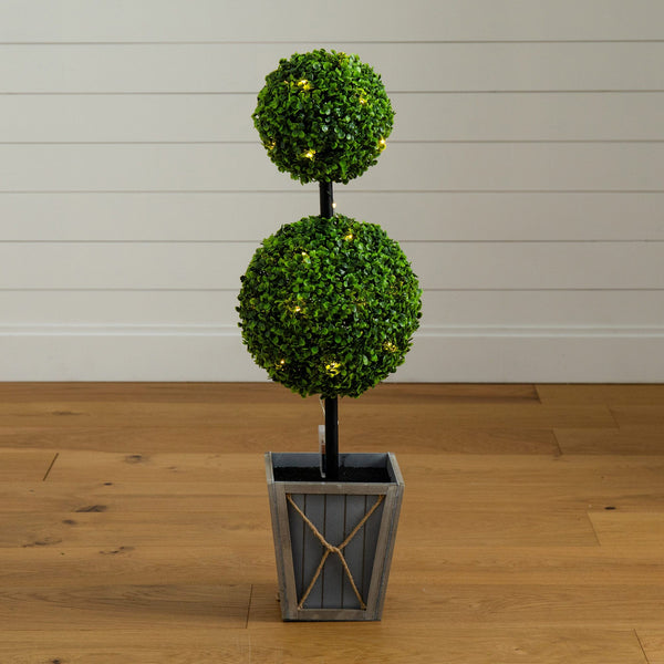 3’ UV Resistant Artificial Double Ball Boxwood Topiary with LED Lights in Decorative Planter (Indoor/Outdoor)