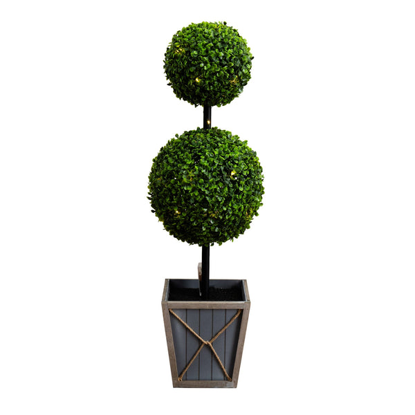 3’ UV Resistant Artificial Double Ball Boxwood Topiary with LED Lights in Decorative Planter (Indoor/Outdoor)