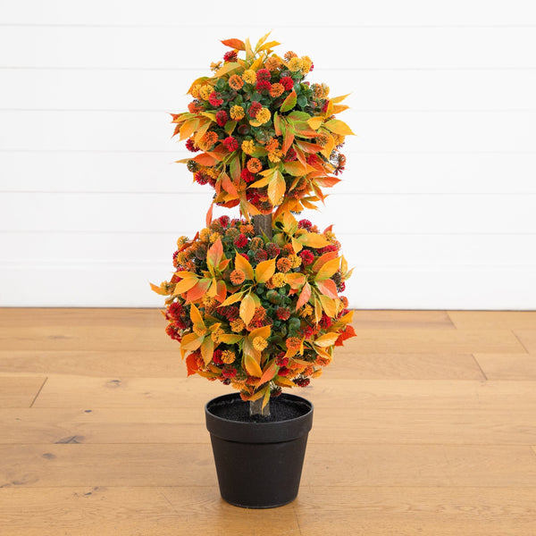 3' UV Resistant Artificial Fall Mum Double Ball Topiary Tree  (Indoor/Outdoor)