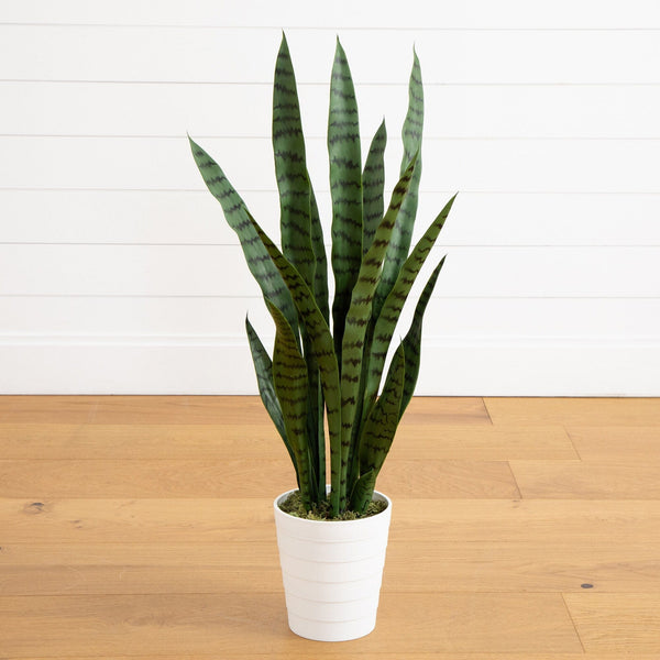 sansevieria plant buy 3' UV Resistant Artificial Sansevieria Plant in White Decorative Planter (Indoor/Outdoor)