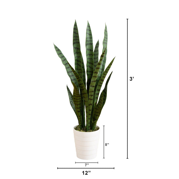 nearly natural snake plant Nearly Natural 3' UV Resistant Artificial Sansevieria Plant in White Decorative Planter