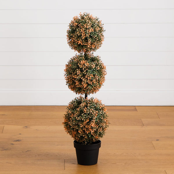 3' UV Resistant Autumn Triple Ball Boxwood Artificial Fall Topiary Tree with 30 Warm White LED Lights (Indoor/Outdoor)