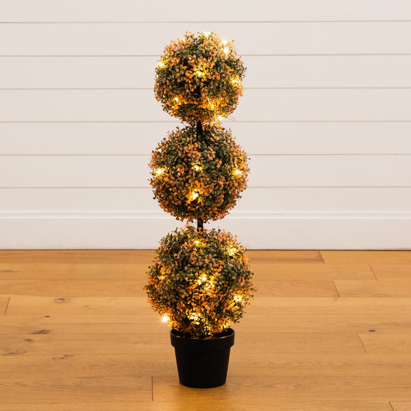 3' UV Resistant Autumn Triple Ball Boxwood Artificial Fall Topiary Tree with 30 Warm White LED Lights (Indoor/Outdoor)