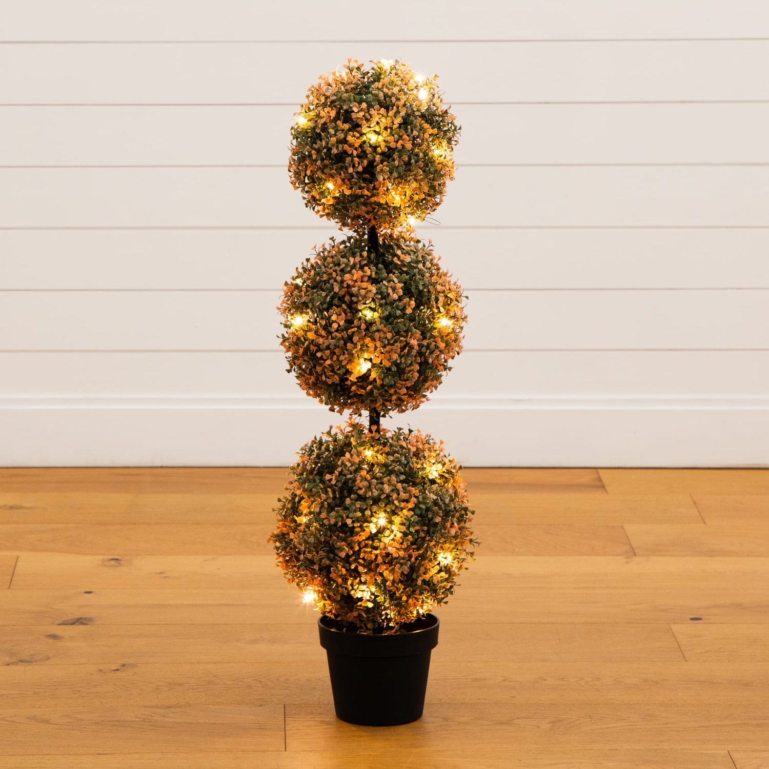 3' UV Resistant Autumn Triple Ball Boxwood Artificial Fall Topiary Tree with 30 Warm White LED Lights (Indoor/Outdoor)