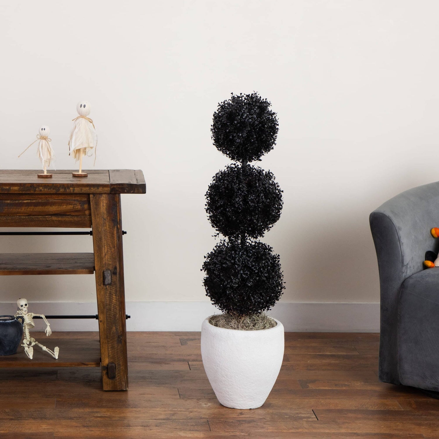 3' UV Resistant Halloween Black Artificial Triple Ball Boxwood Topiary (Indoor/Outdoor)