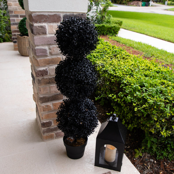 3' UV Resistant Halloween Black Artificial Triple Ball Boxwood Topiary (Indoor/Outdoor)