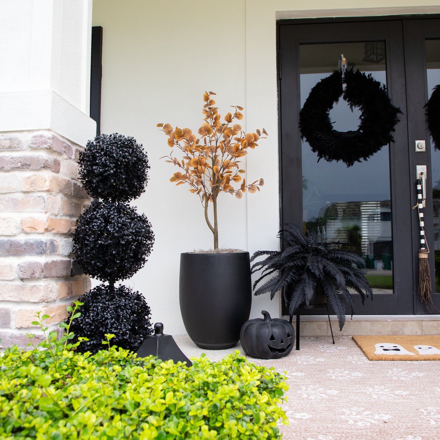 3' UV Resistant Halloween Black Artificial Triple Ball Boxwood Topiary (Indoor/Outdoor)