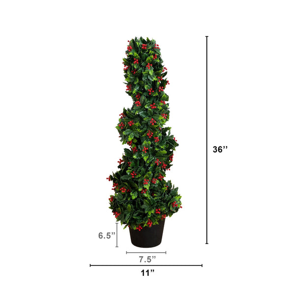 3' UV Resistant Pre-Lit Artificial Holly Berry Christmas Spiral Tree with 36 LED Lights (Indoor/Outdoor)