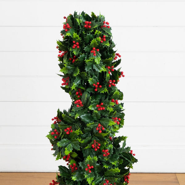 3' UV Resistant Pre-Lit Artificial Holly Berry Christmas Spiral Tree with 36 LED Lights (Indoor/Outdoor)