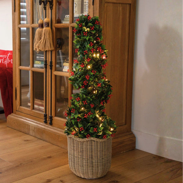 3' UV Resistant Pre-Lit Artificial Holly Berry Christmas Spiral Tree with 36 LED Lights (Indoor/Outdoor)