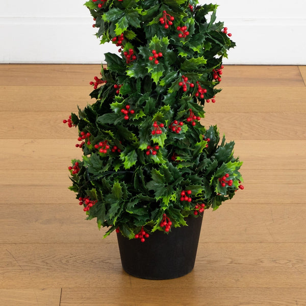 3' UV Resistant Pre-Lit Artificial Holly Berry Christmas Spiral Tree with 36 LED Lights (Indoor/Outdoor)