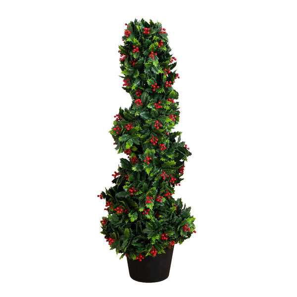 3' UV Resistant Pre-Lit Artificial Holly Berry Christmas Spiral Tree with 36 LED Lights (Indoor/Outdoor)