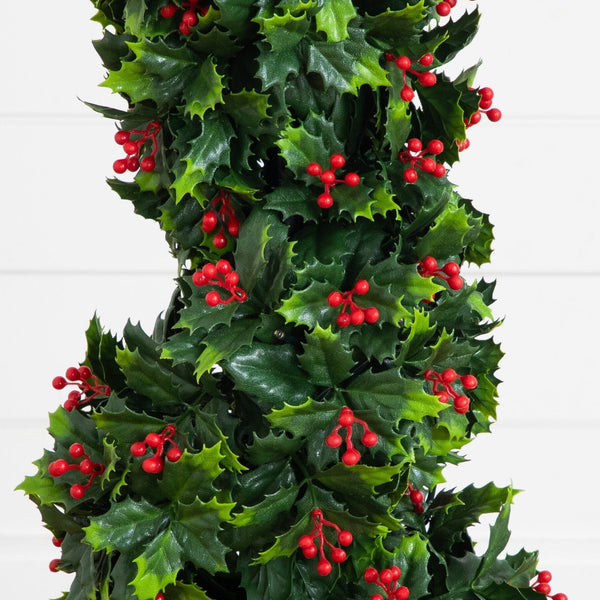 3' UV Resistant Pre-Lit Artificial Holly Berry Christmas Spiral Tree with 36 LED Lights (Indoor/Outdoor)