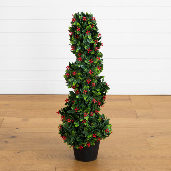 3' UV Resistant Pre-Lit Artificial Holly Berry Christmas Spiral Tree with 36 LED Lights (Indoor/Outdoor)