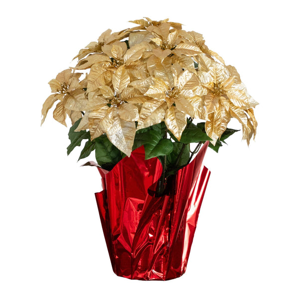 30” Artificial Grand Gold Velvet Poinsettia Arrangement in Red Wrapped Planter