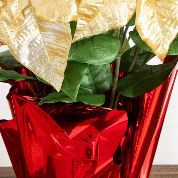 30” Artificial Grand Gold Velvet Poinsettia Arrangement in Red Wrapped Planter