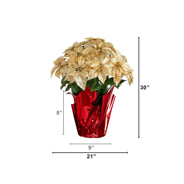30” Artificial Grand Gold Velvet Poinsettia Arrangement in Red Wrapped Planter