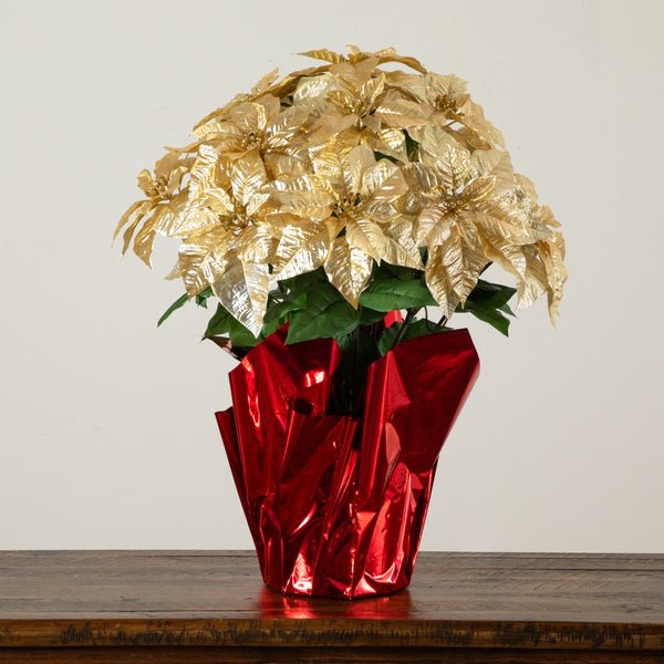 30” Artificial Grand Gold Velvet Poinsettia Arrangement in Red Wrapped Planter