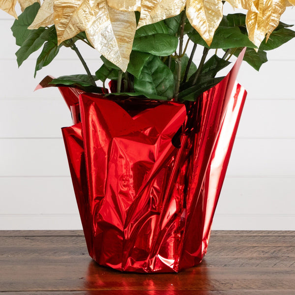 30” Artificial Grand Gold Velvet Poinsettia Arrangement in Red Wrapped Planter