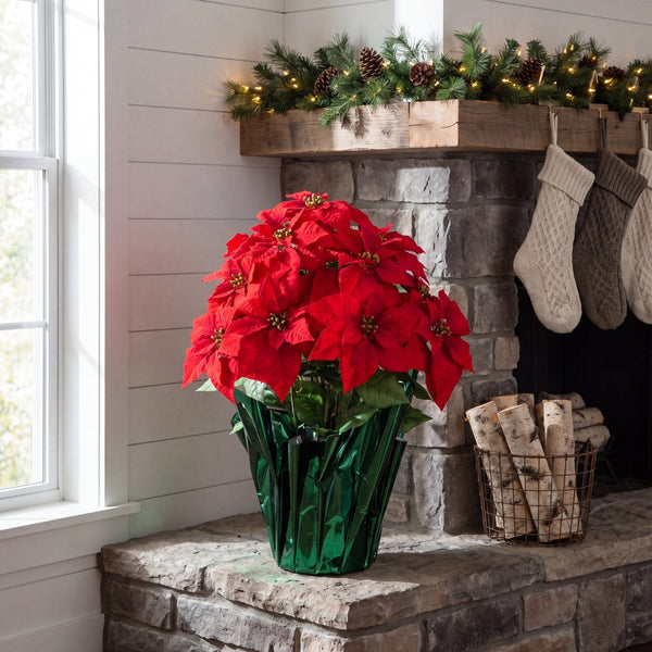 30” Artificial Grand Red Velvet Poinsettia Arrangement in Green Wrapped Planter