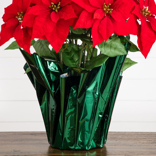 30” Artificial Grand Red Velvet Poinsettia Arrangement in Green Wrapped Planter
