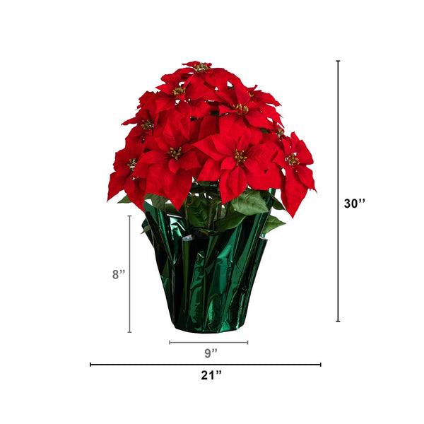 30” Artificial Grand Red Velvet Poinsettia Arrangement in Green Wrapped Planter