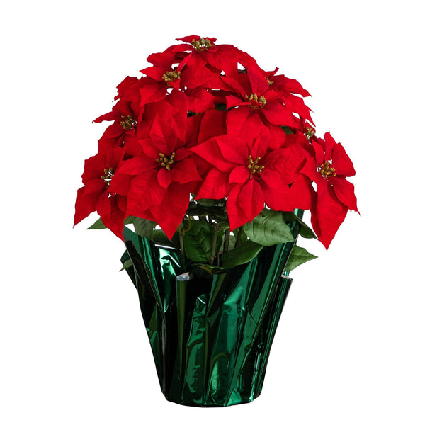 30” Artificial Grand Red Velvet Poinsettia Arrangement in Green Wrapped Planter