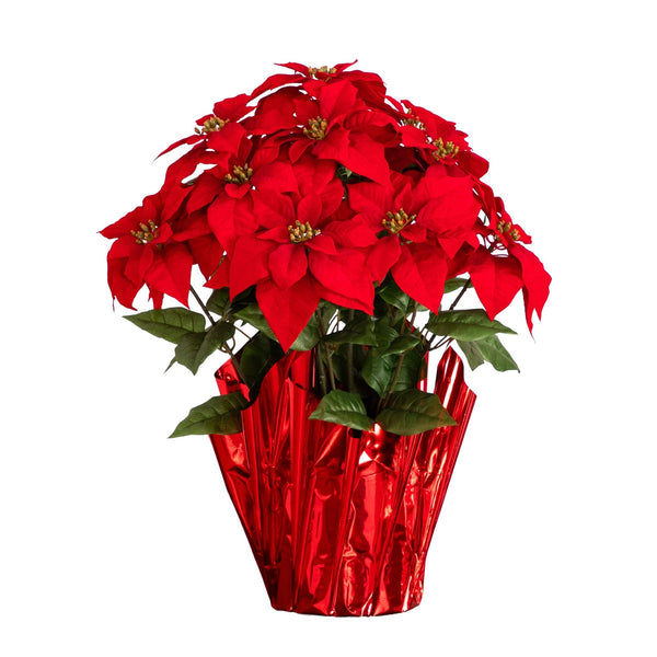 30” Artificial Grand Red Velvet Poinsettia Arrangement in Red Wrapped Planter