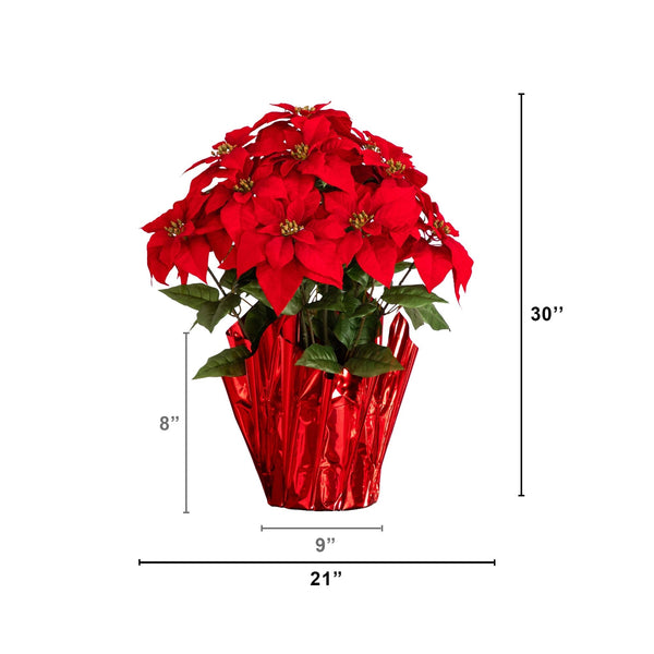 30” Artificial Grand Red Velvet Poinsettia Arrangement in Red Wrapped Planter