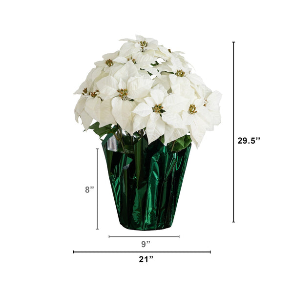 30” Artificial Grand White Velvet Poinsettia Arrangement in Green Wrapped Planter