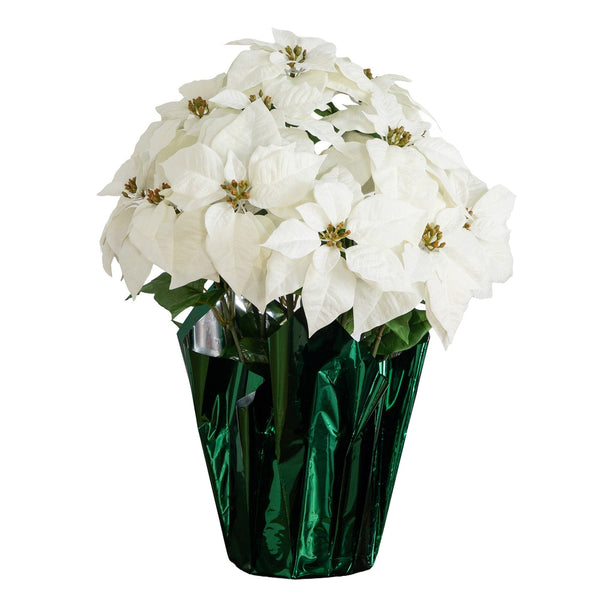 30” Artificial Grand White Velvet Poinsettia Arrangement in Green Wrapped Planter